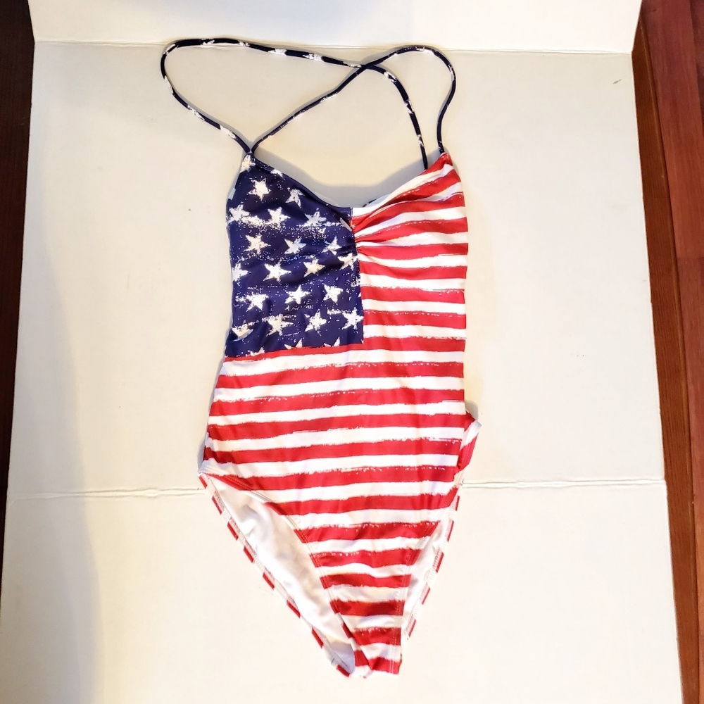 Patriotic Stars & Stripes one piece lace up back swimsuit